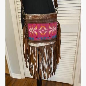 Pink Saddle Blanket Leather Long Fringe Crossbody Brown and white cowhide